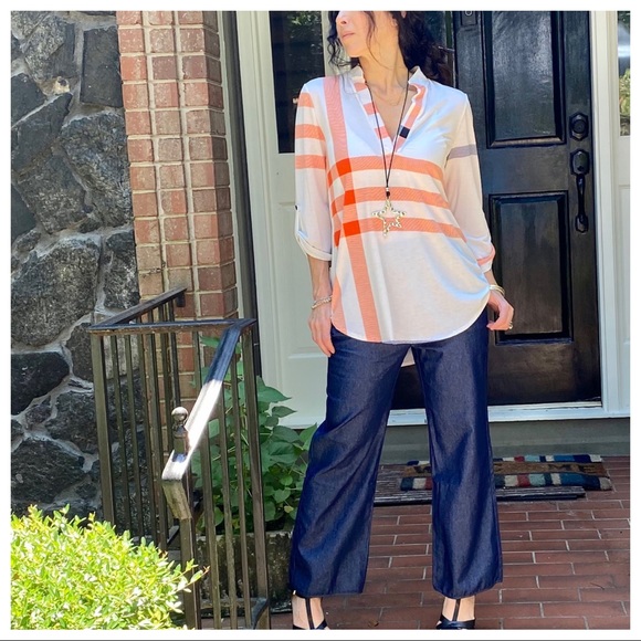 Beige inspired plaid rolled sleeves tunic top - Picture 6 of 16